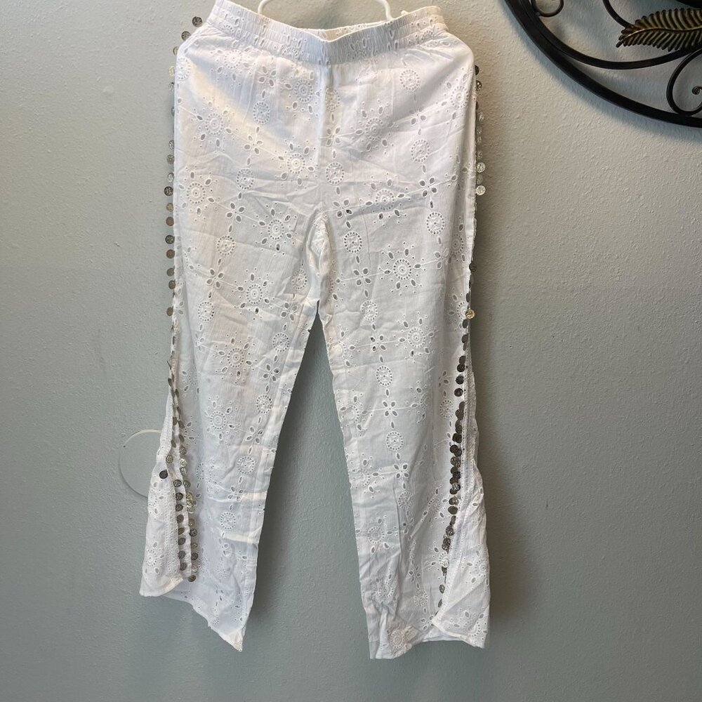 Boho Beach Pants Modaposa White Cotton‎ Eyelet w/ Coins Summer Festival